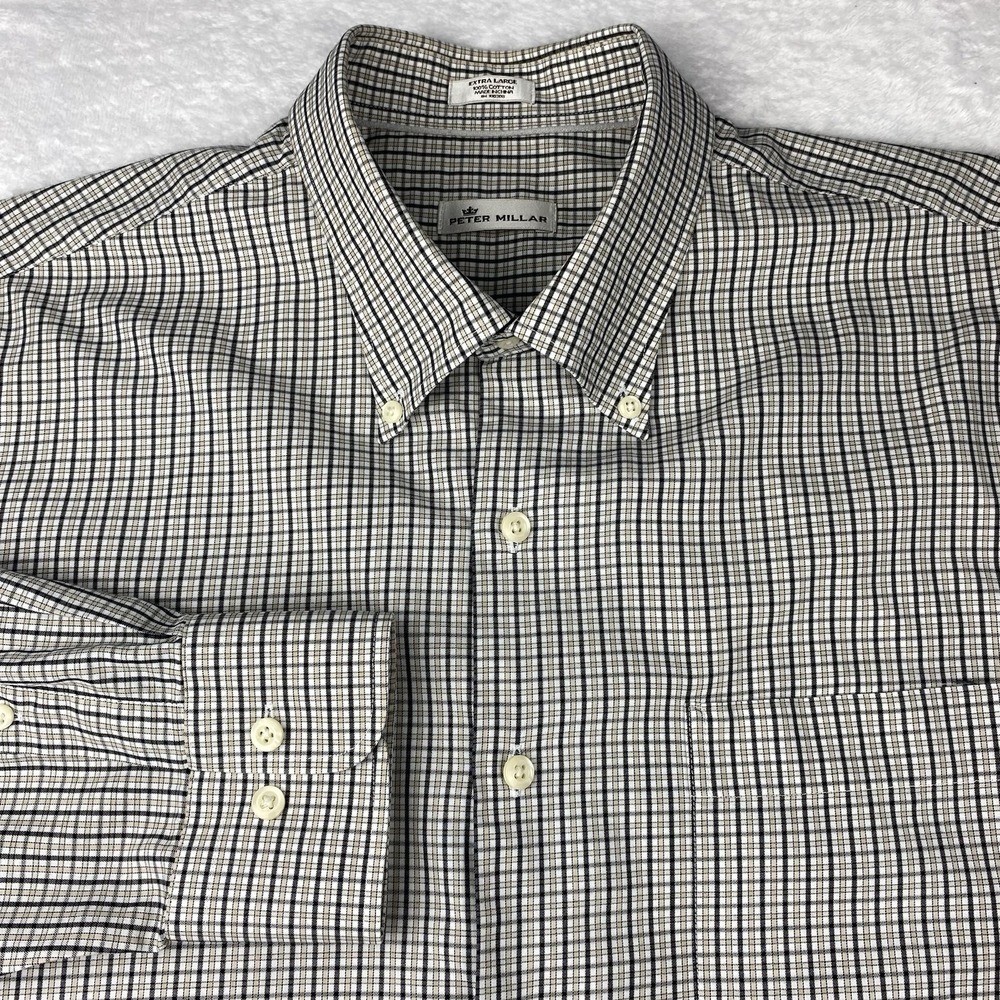 Peter Millar Dress Shirt Mens XL Tan Plaid Long Sleeves